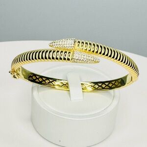18K Gold and Silver Bangle Bracelet With Simulated Diamonds